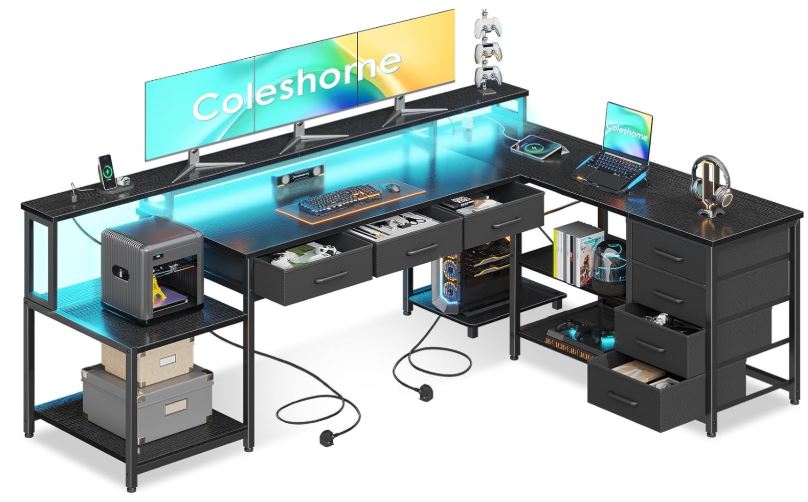 coles desk for three monitors with drawers