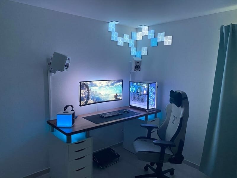 blue atmospheric white gaming setup