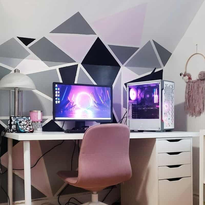 cute gamer girl desk with artsy wall