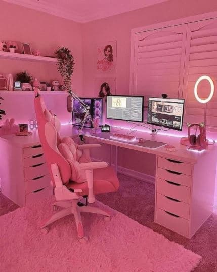 cute kawaii gaming setup with ikea desk