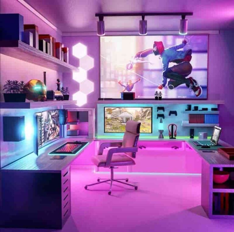 dedicated cute pink gaming room setup 768x761