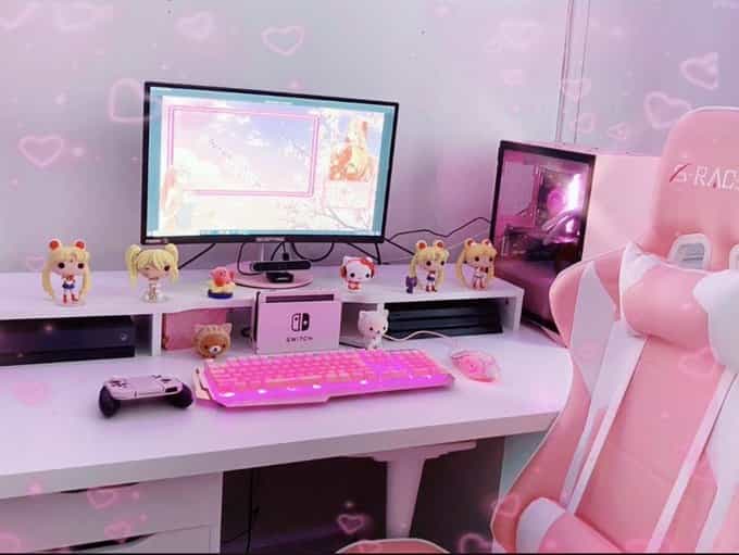 figurine themed gaming desk setup