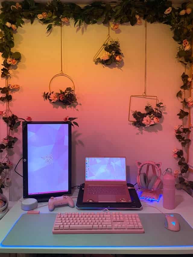 flourish pink gaming room setup with greenery