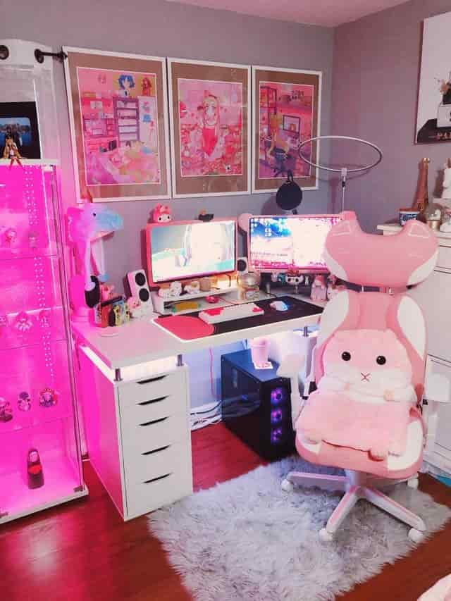 fully customized kawaii battlestation with ikea desk hack