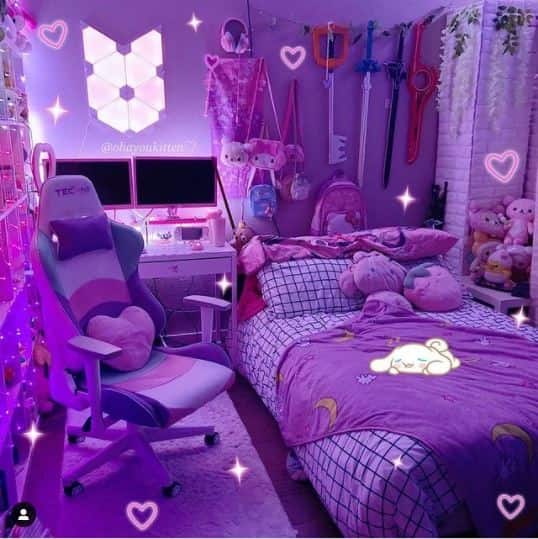 kawaii gaming setup in bedroom
