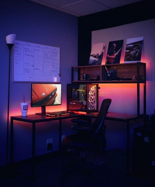 l shaped desk gaming setup idea