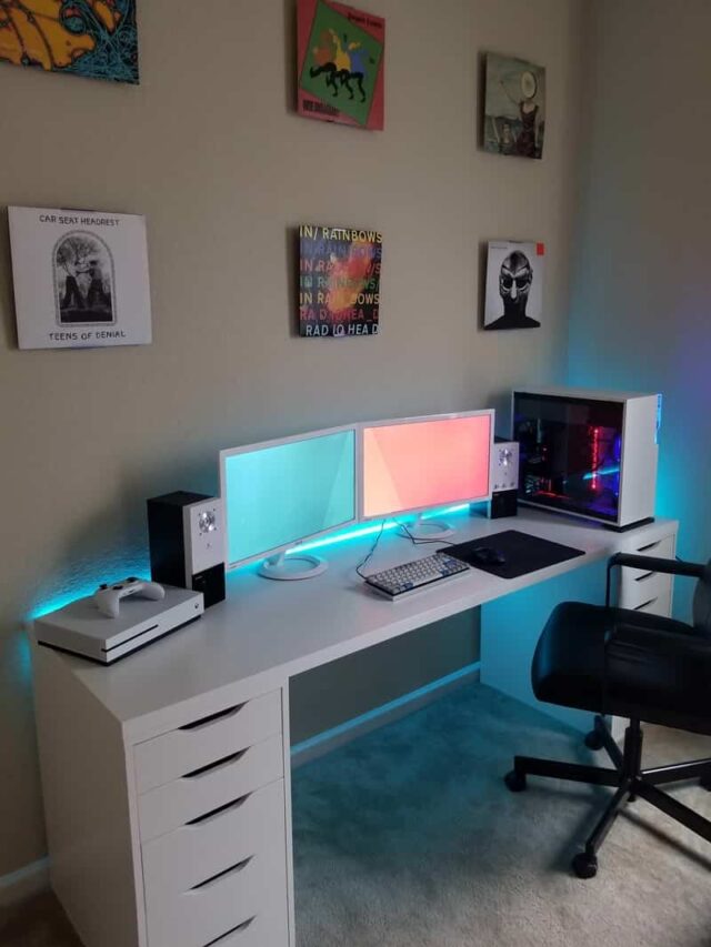 minimalist white gaming setup 640x853