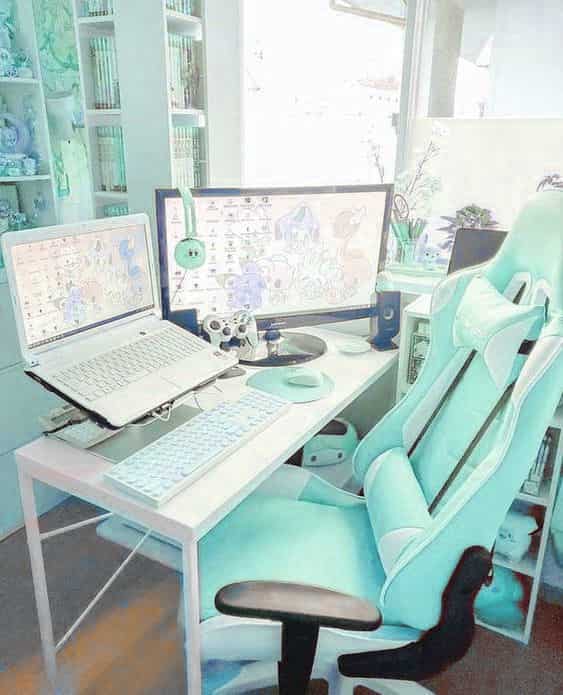 mint green themed gaming room setup
