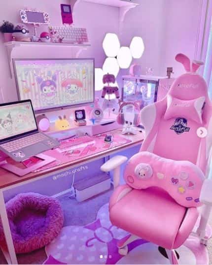 pastel pink kawaii girls gaming room setup
