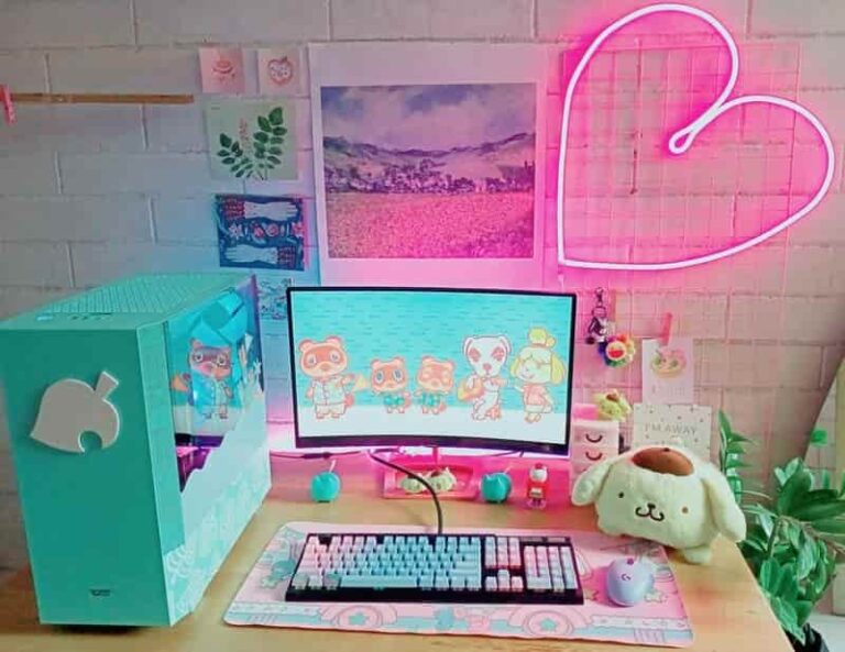 pink green cute gaming desk setup for girls 768x593