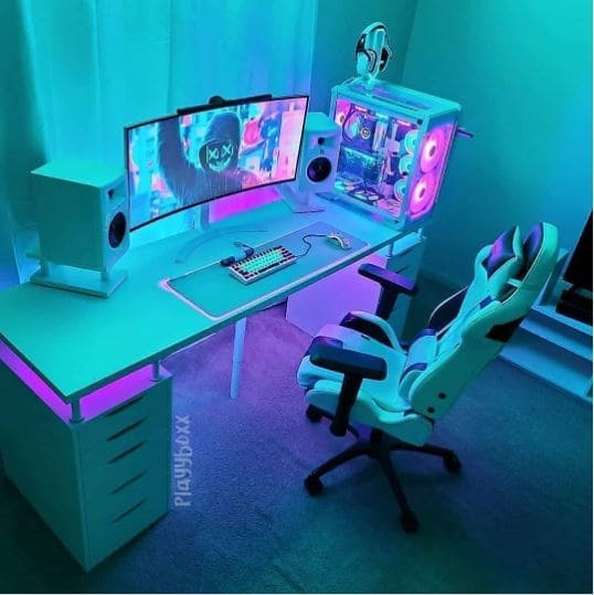 rgb themed white aesthetic gaming setup