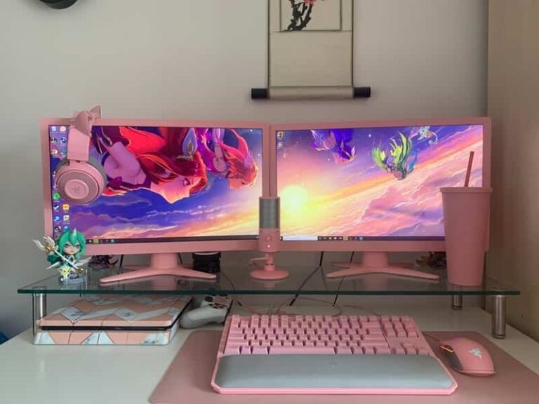 setup with a desk having raised monitor shelf 768x576