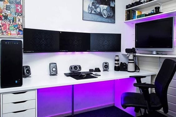 Standing wall mounted triple monitor setup