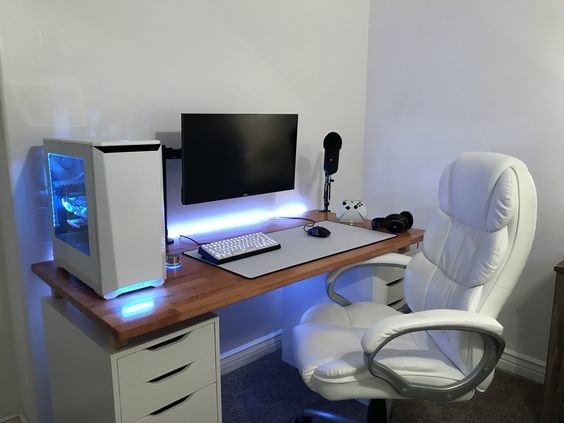 white gaming setup with ikea hacks
